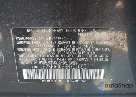 2011 Subaru Forester 2.5X Premium z USA, uszkodzony, nr VIN JF2SHADC2BH701690